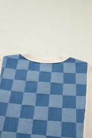 Maternity T-shirt with blue checkered denim front and cream waffle knit sleeves.