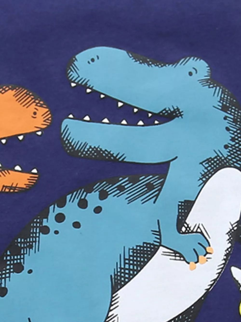 Baby tee with playful blue and orange dinosaur print on navy cotton.