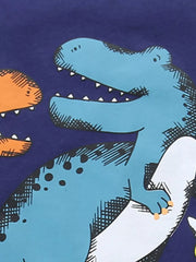 Baby tee with playful blue and orange dinosaur print on navy cotton.