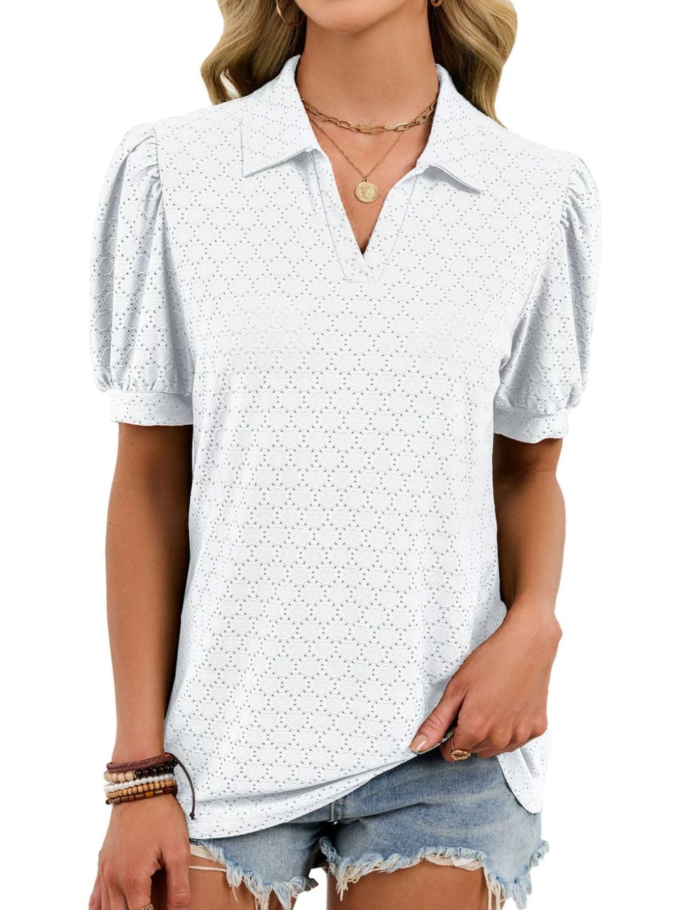 White eyelet collar top with puff sleeves and v-neck