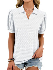 White eyelet collar top with puff sleeves and v-neck