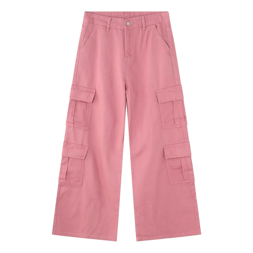 Oversized dusty pink cargo palazzo trousers with button front and multiple pockets.