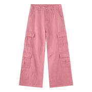 Oversized dusty pink cargo palazzo trousers with button front and multiple pockets.