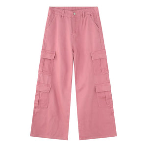 Oversized dusty pink cargo palazzo trousers with button front and multiple pockets.
