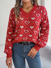 Deep Red acrylic v-neck sweater with white heart jacquard pattern and diamond argyle.