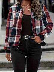 Plaid bomber jacket with ribbed cuffs and collar, zip front, in red, white, and navy plaid.