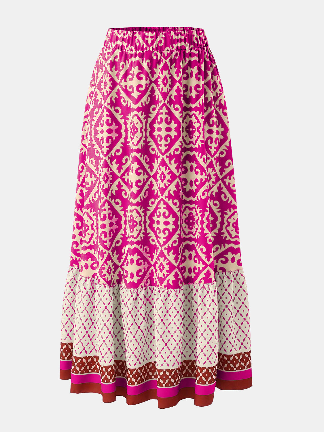 Tiered maxi skirt in hot pink with medallion print and elastic waist.