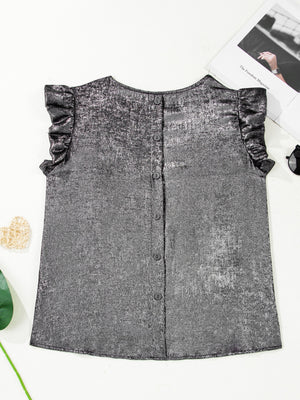 Elegant silver ruffled neck tank top with button front and cap sleeves.