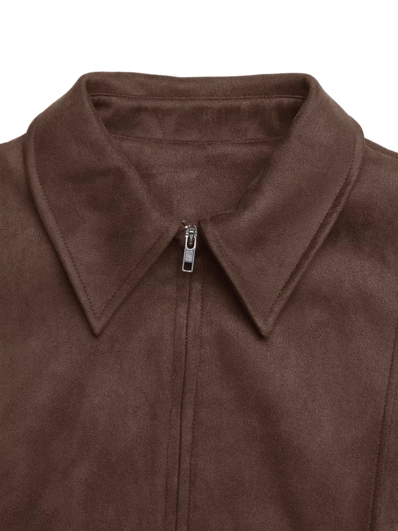 Brown suede jacket with a silver zipper and collar detail