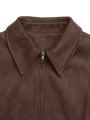 Brown suede jacket with a silver zipper and collar detail