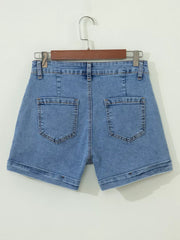Blue cuffed denim shorts with button closure and two back pockets.
