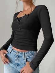 Black ribbed square neck henley top with lace detail and button front