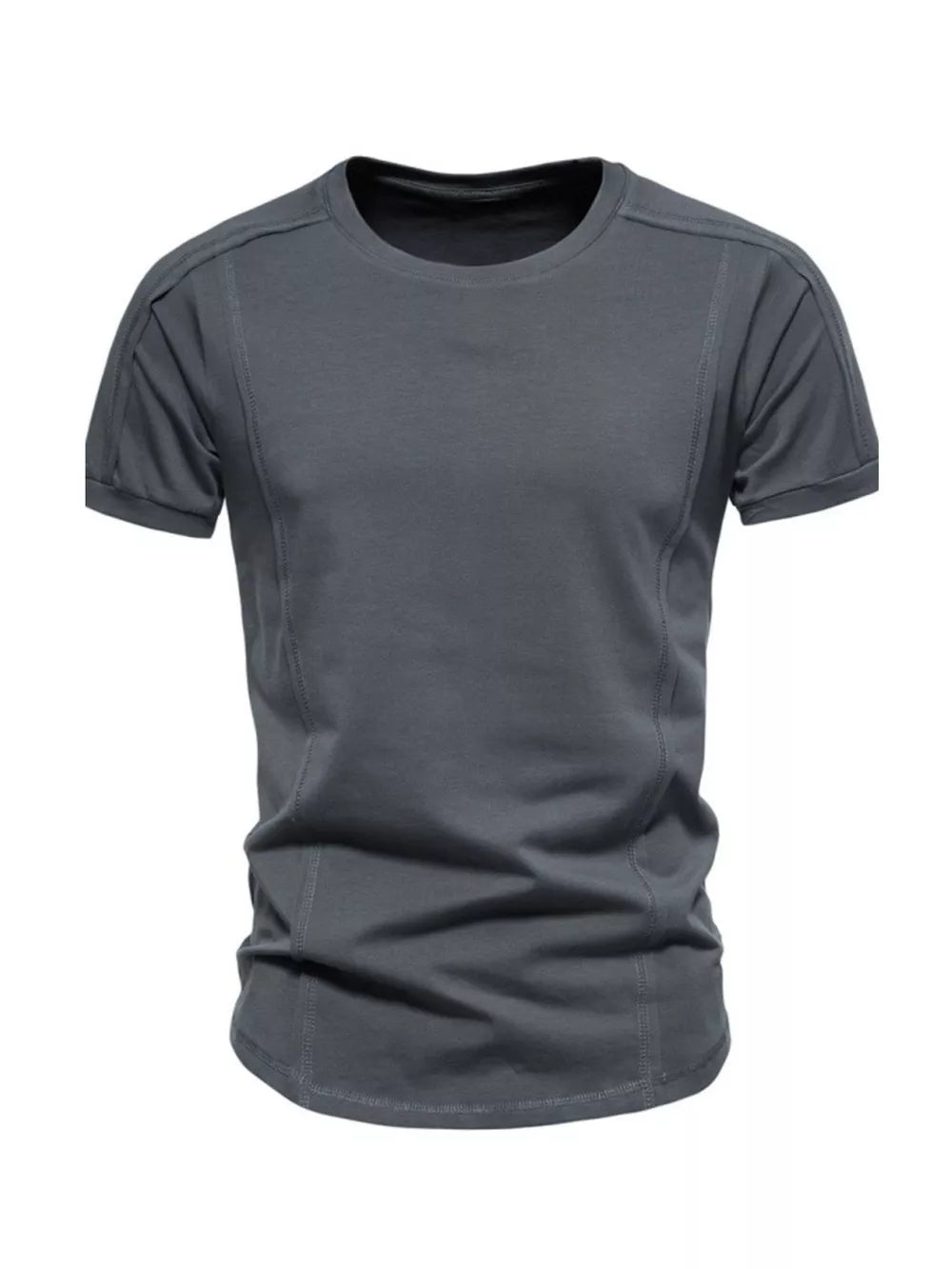 Men's dark gray cotton tactical t-shirt with round neck and contrast stitching.