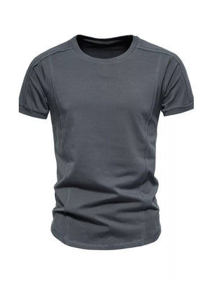 Men's dark gray cotton tactical t-shirt with round neck and contrast stitching.