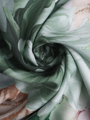 Painterly floral print sleeveless blouse in Gum Leaf green with bow neck detail.