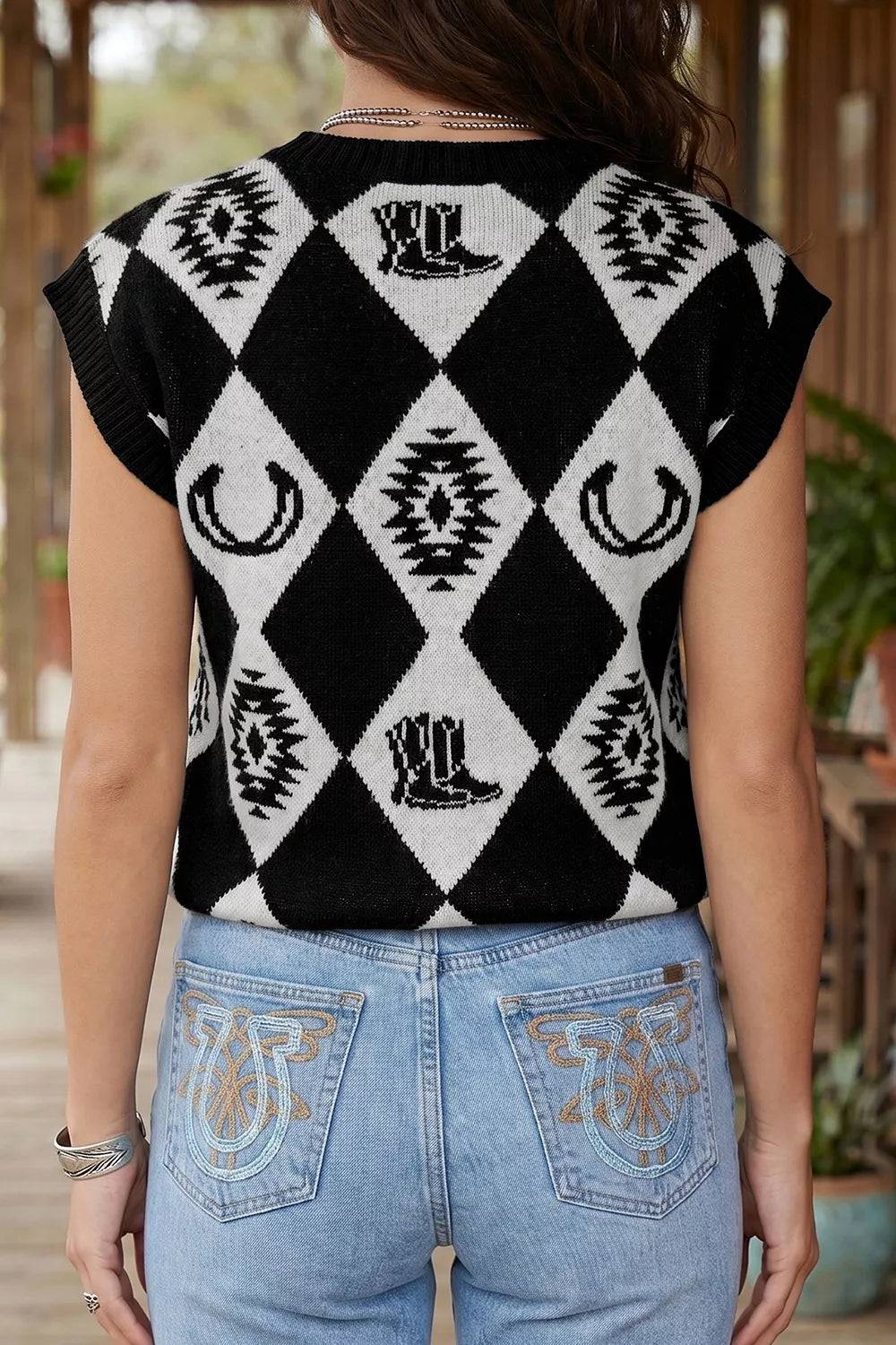 Retro Rhombus Western Print Drop Shoulder Sweater, side view