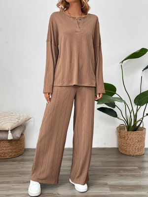Textured henley lounge set in camel with button detail and wide leg pants