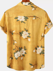 Men's Plus Size Floral Print Short Sleeve Shirt in Gold, side view