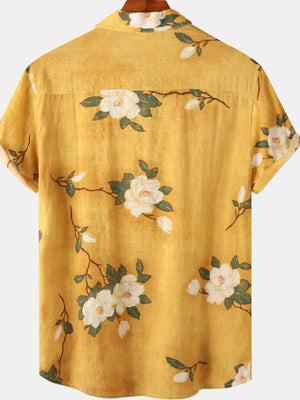 Men's Plus Size Floral Print Short Sleeve Shirt in Gold, side view