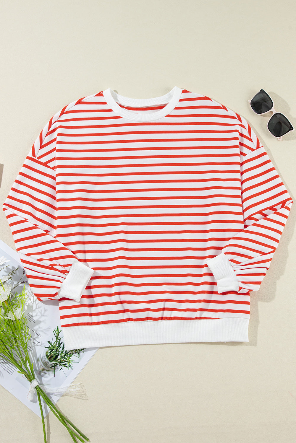 Chevron-Inset Stripe Sweatshirt in Strawberry red and white horizontal stripes, crewneck, long sleeves, cuffed hem.