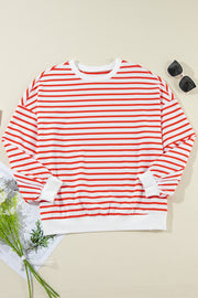 Chevron-Inset Stripe Sweatshirt in Strawberry red and white horizontal stripes, crewneck, long sleeves, cuffed hem.