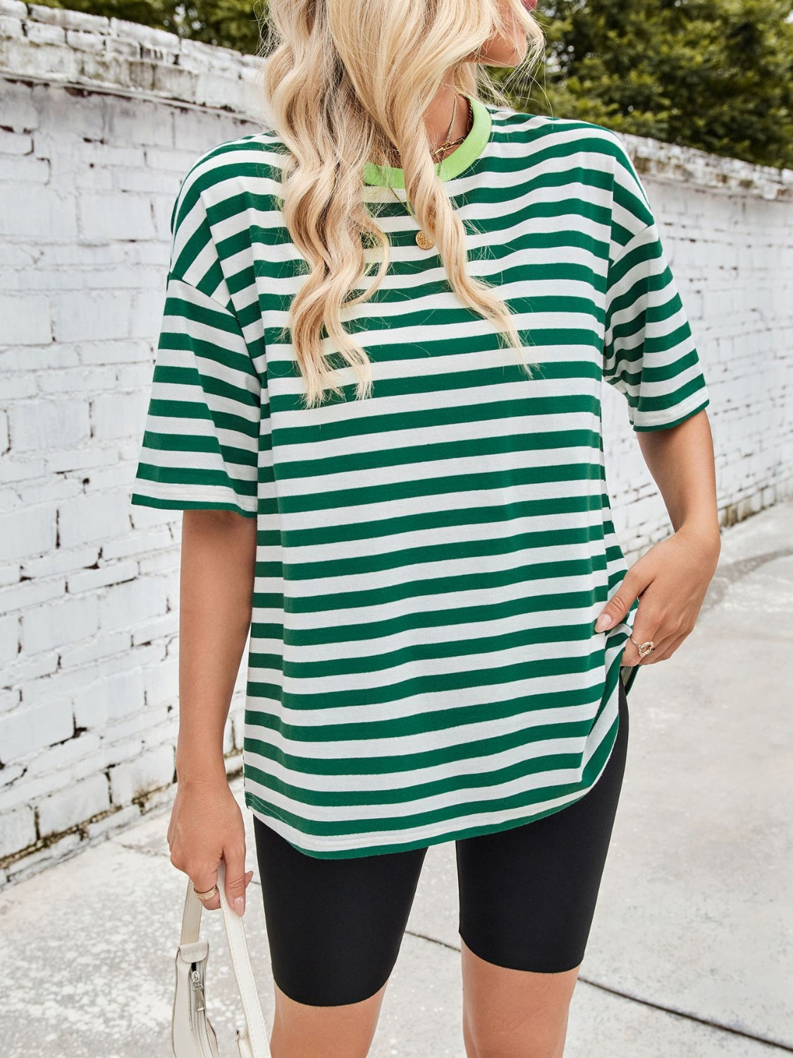 Dark Green and White Stripe Relaxed Tee with contrast neckline