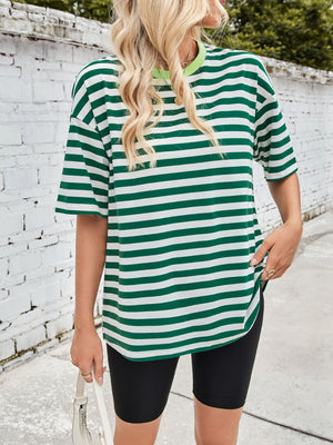 Dark Green and White Stripe Relaxed Tee with contrast neckline