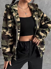 Camo print fuzzy zip-up hooded jacket with a plush texture and army green camouflage pattern.