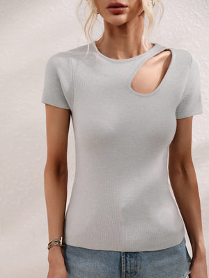 Light Gray knit t-shirt with short sleeves and a chic asymmetrical cutout neckline.