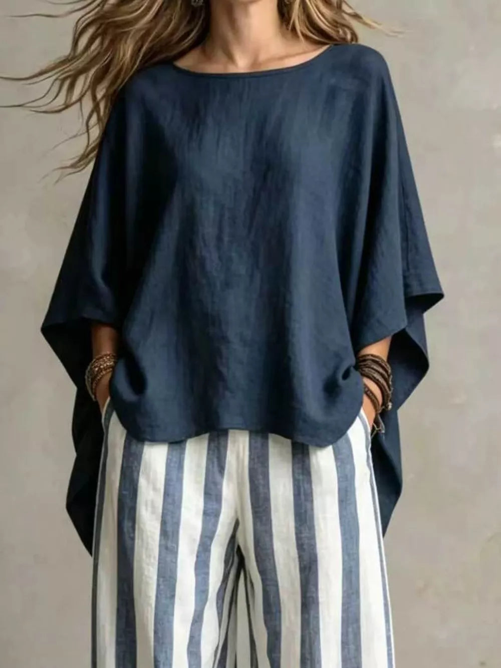 Solid Color Top And Pants Two-piece Set Plus Size, side view
