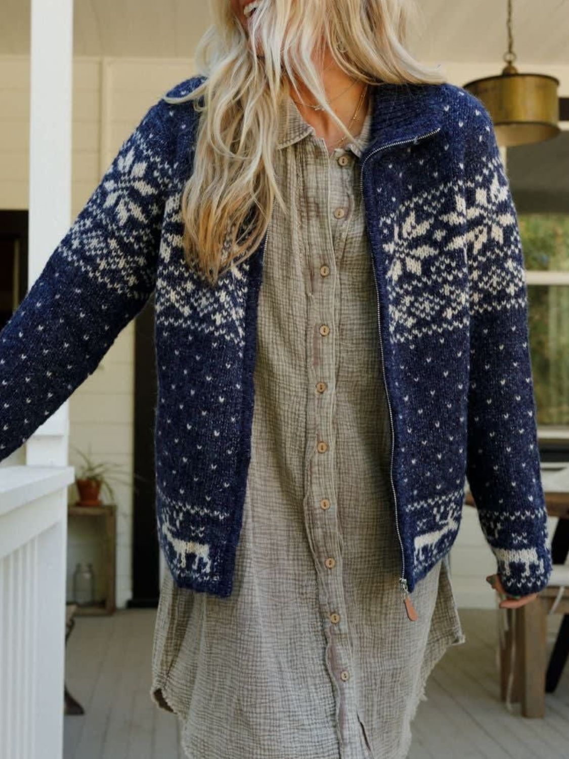 Navy Nordic Fair Isle zip-up sweater with snowflake and deer pattern, acrylic knit.