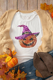 White cotton tee with sequin witch hat pumpkin graphic