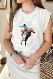 White acrylic knit vest with rodeo graphic, crew neck, sleeveless, casual fit