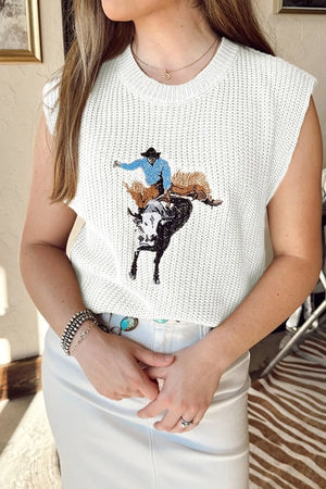 White acrylic knit vest with rodeo graphic, crew neck, sleeveless, casual fit