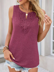 Burgundy lace-trimmed sleeveless tank top with V-neck detail