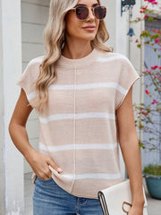 Striped knit tee in tan with white stripes, cap sleeves, and a vertical seam detail.
