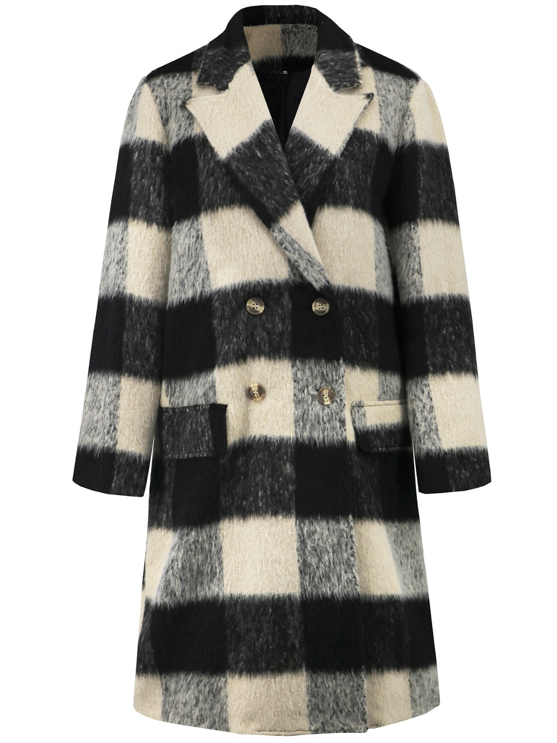 Checked plaid double-breasted cocoon coat in black and cream with button detail.