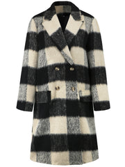Checked plaid double-breasted cocoon coat in black and cream with button detail.