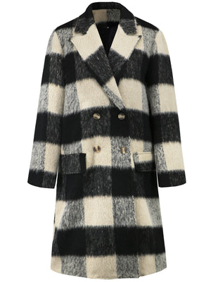 Checked plaid double-breasted cocoon coat in black and cream with button detail.