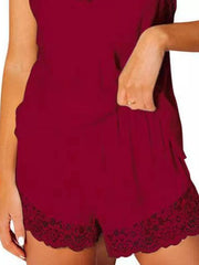 Wine red cami and shorts set with black lace trim detail
