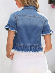 Blue denim trucker jacket with ruffled hem and short sleeves.