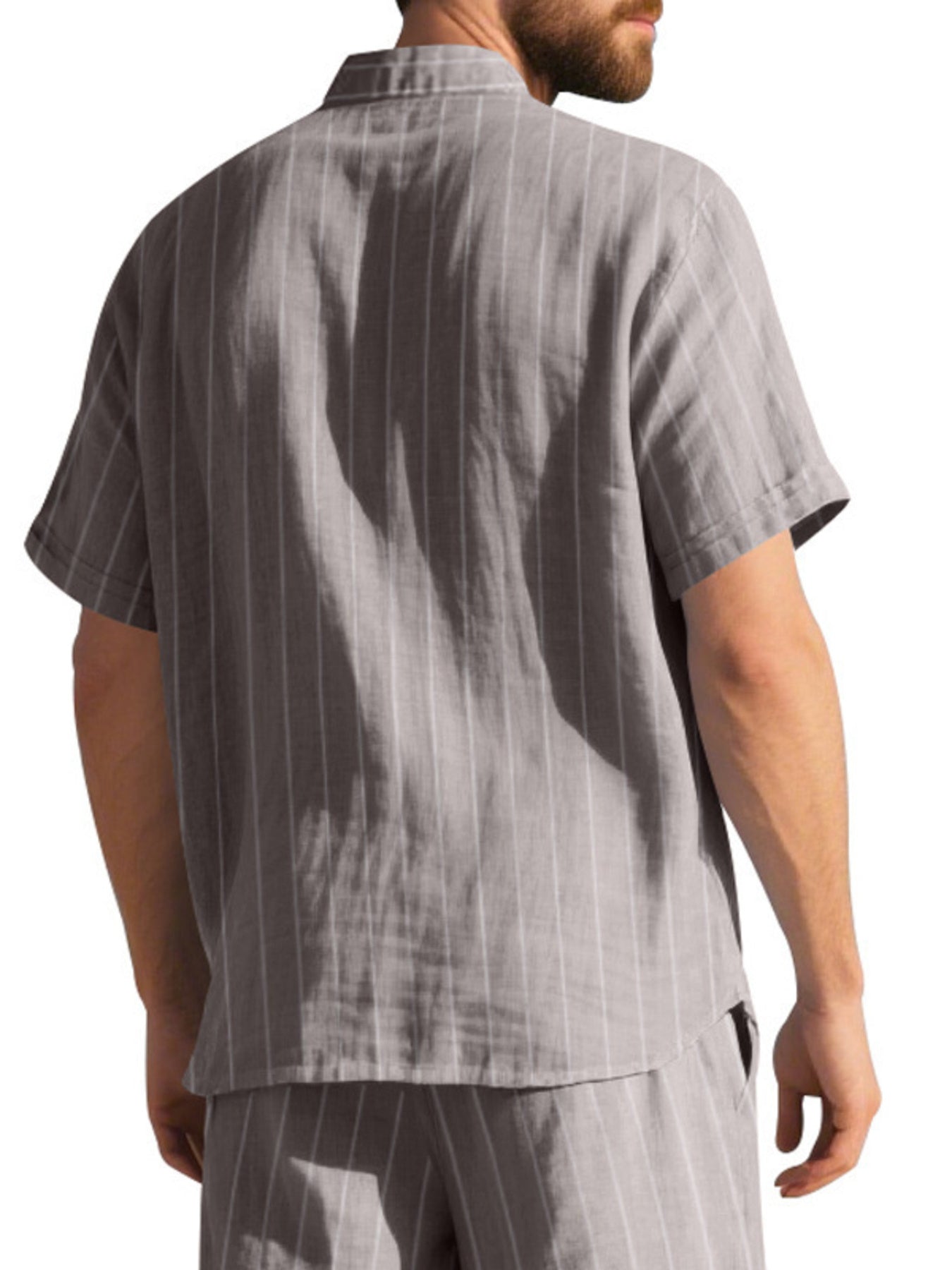 Men's grey striped cotton camp collar shirt, short sleeve, button-down.