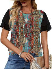 Layered ruffled short sleeve t-shirt in multicolor floral print with black sleeves.