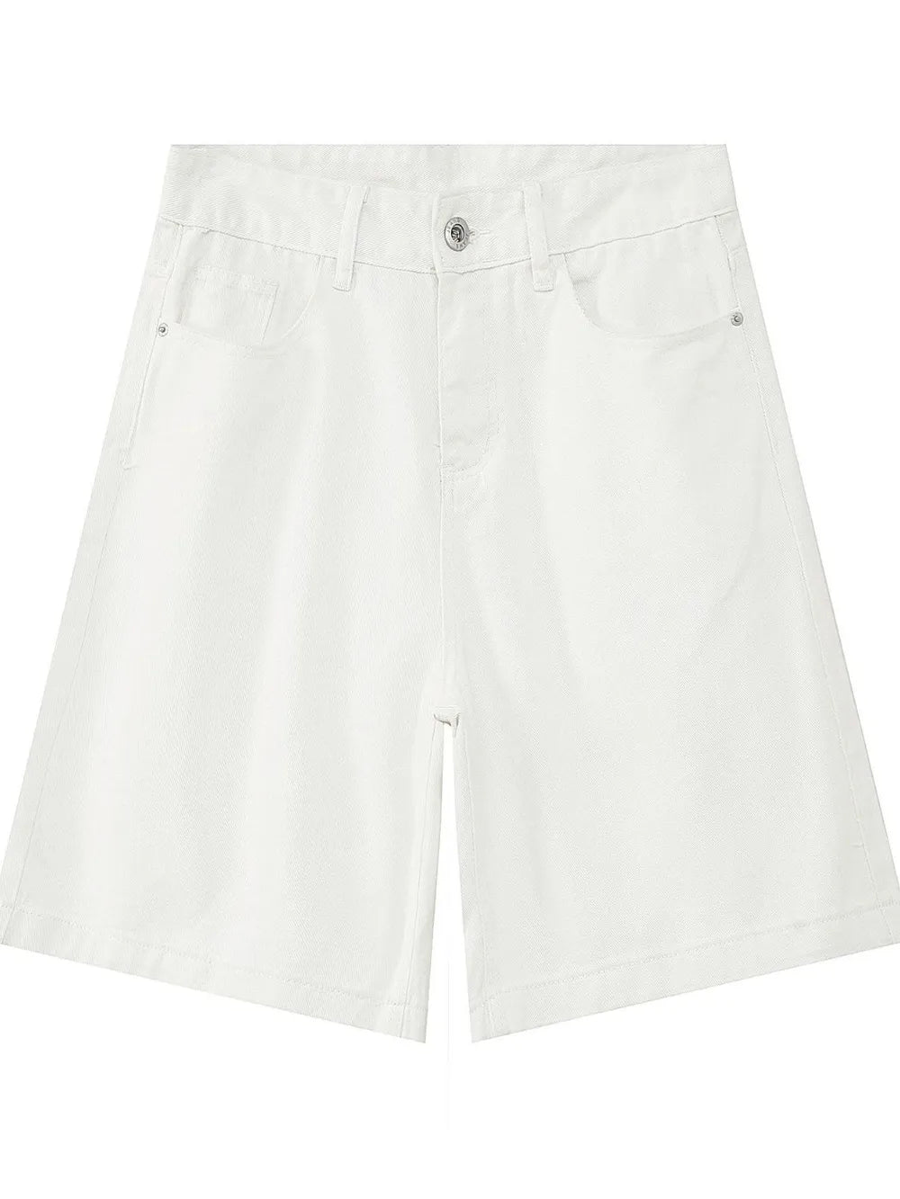 White baggy denim bermuda shorts with button fly and washed effect.
