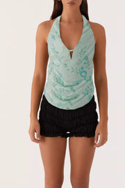 Bead-embellished Backless Halter Tank