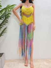Yellow crochet cover-up dress with rainbow fringe and open knit detail.