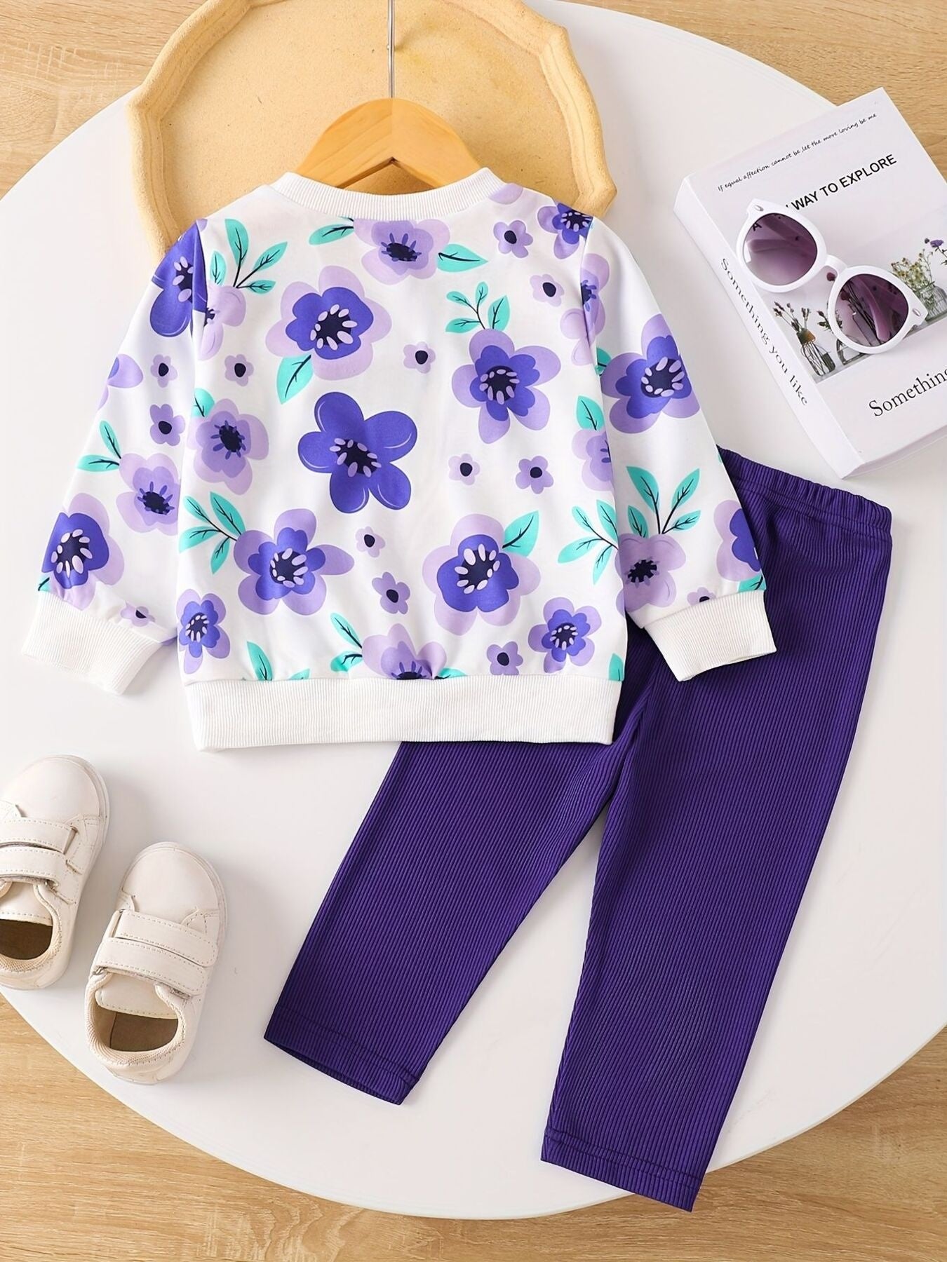 Baby floral print top and purple ribbed leggings set