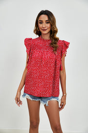 Red floral smocked yoke ruffle sleeve blouse with mock neck