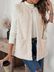 Textured sherpa open-front vest in Dust Storm with two front pockets.