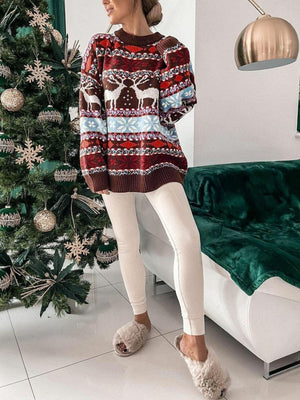 Fair Isle reindeer motif knit sweater in brown with crew neck and long sleeves.